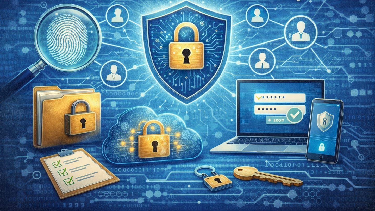 Data privacy and security illustrated with locks, shields, and connected devices